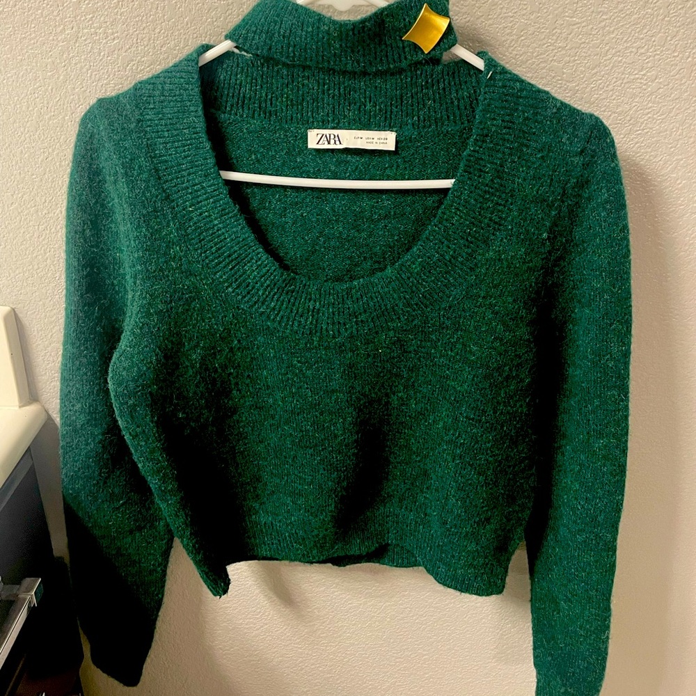 Zara Crop Emerald Green Sweater with Neck Detail